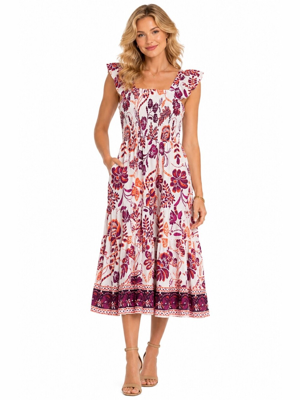 Mlle Gabrielle White Maxi Dress with Pink and Orange Floral Print